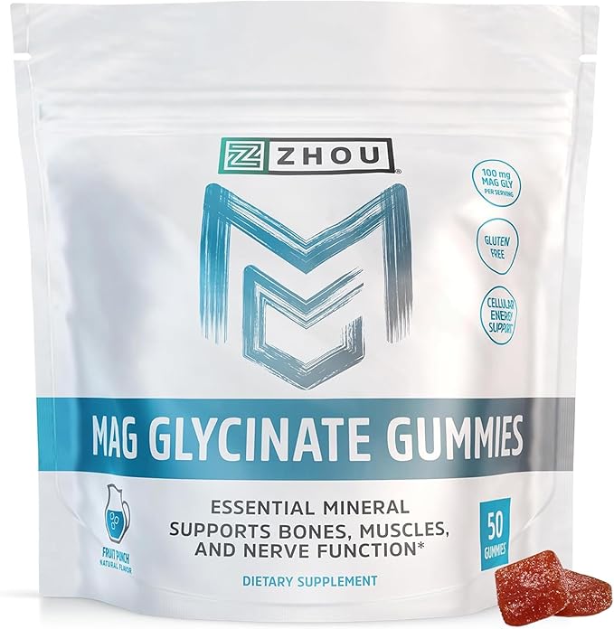 Zhou Mag Gly Gummies - Magnesium Glycinate Gummies for Women & Men, Cellular Energy Support, Muscle & Nerve Function Support, Vegan, Gluten Free, Natural Fruit Punch Flavor - 50 Count