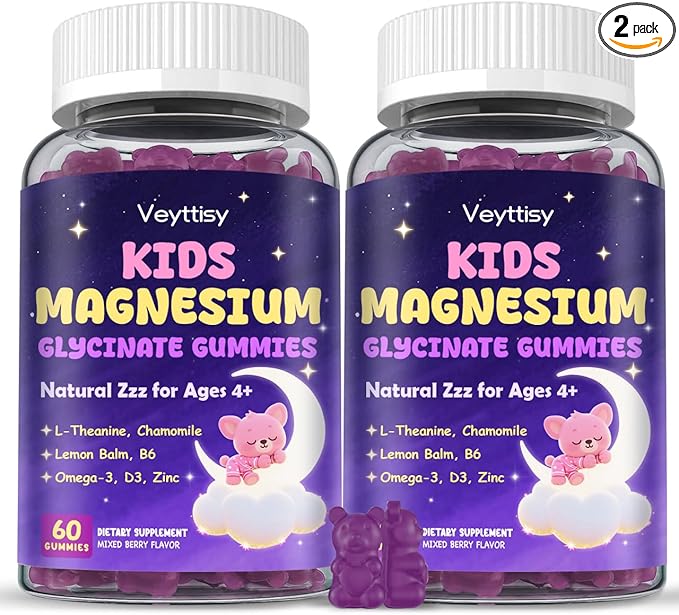 Magnesium Glycinate Gummies for Kids 4+: Sugar Free Magnesium Bisglycinate Gummy with Chamomile, L-Theanine, Lemon Balm, B6, Omega 3, Zinc - Gluten Free, Non-GMO, Vegan, Mixed Berry Flavor