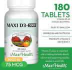 Maxi Health Vitamin D3 3000 IU 75 mcg Vitamin D Supplement for Healthy Bones, Teeth, Immune Support - VIT D3 Supplement Easy to Swallow Non-GMO, Supplement for Men and Women – Kosher (180 Tablets)