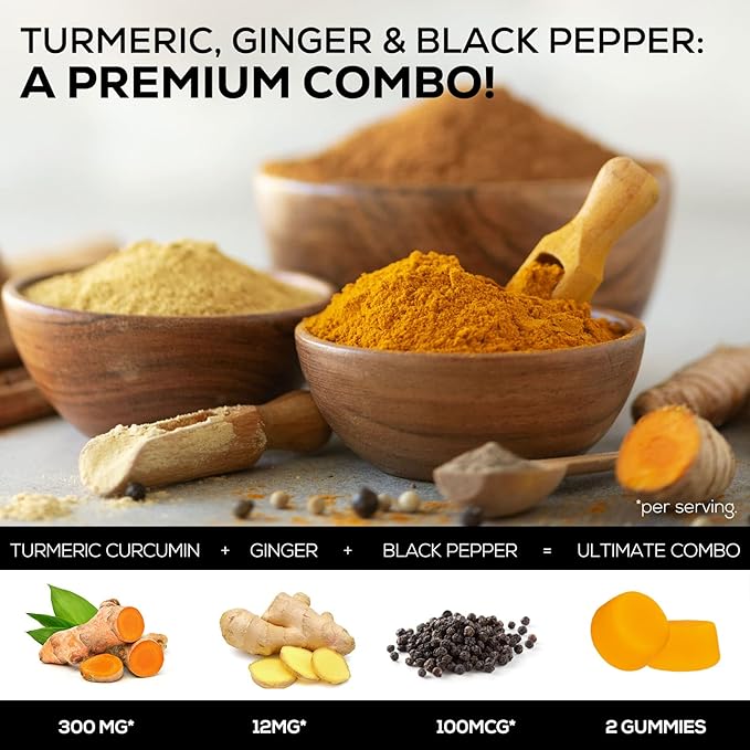 Turmeric Curcumin Supplement Gummies - 95% Curcuminoids with Turmeric & Ginger, Black Pepper for Best Absorption, Nature's Vegan Joint Support, Non-GMO, Gluten Free, Tasty Peach Flavor - 60 Gummies