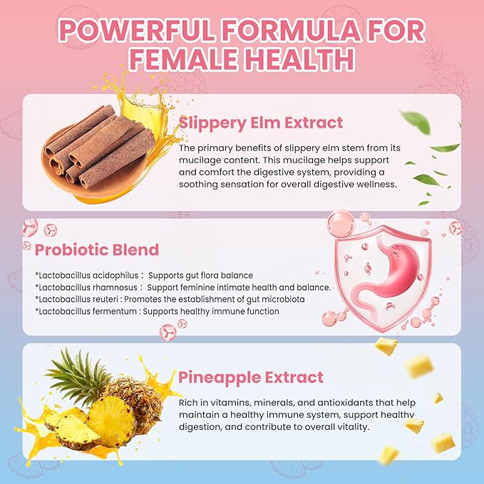Her Juicy Feminine Probiotics Gummies for Women, Women's Probiotic Gummy with Slippery Elm - Supports pH Balance, Vaginal Health, Gut & Immune System Health for Women - Tasty Pineapple (60 Count)