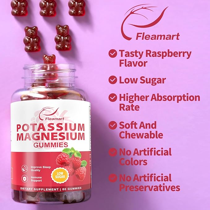 Potassium Magnesium Gummies Potassium Citrate 99mg Magnesium Citrate 250mg Magnesium Potassium Complex Supplement, Immune Support, 60 Raspberry Gummies 2 Pack