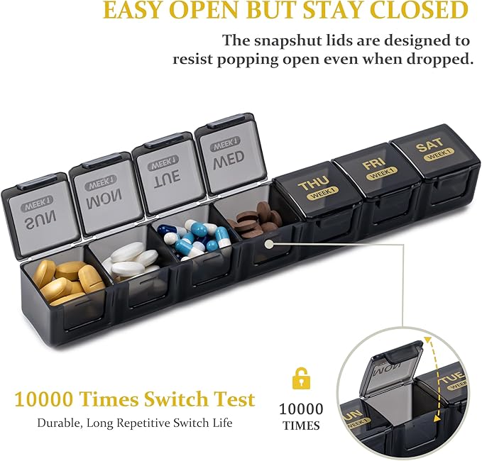 Monthly Pill Organizer, 28 Day Pill Box 1 Time a Day with Dust-Proof Case, Large 4 Weeks a Month Pill Case Container, Daily Vitamin Case Box for Pills/Medicine/Fish Oil/Supplements（Black）