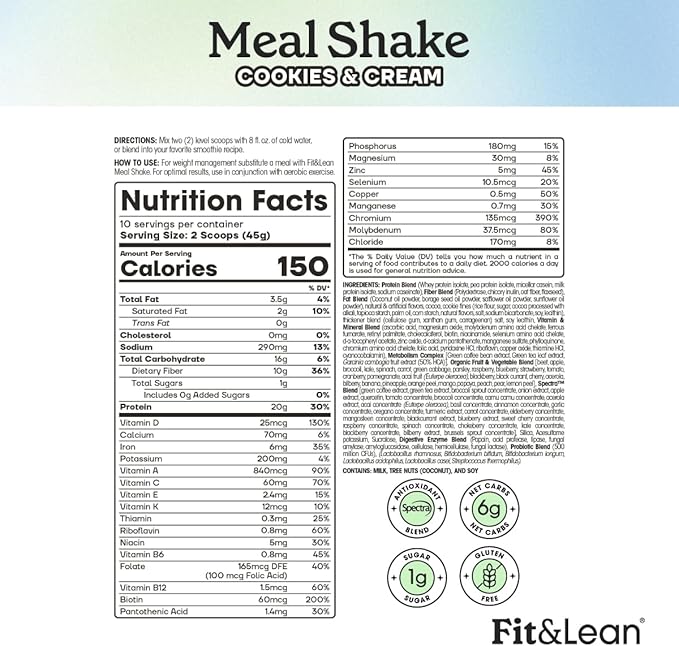 Fit & Lean Meal Shake, Fat Burning Meal Replacement, Meal Replacement with Protein, Fiber, Probiotics and Organic Fruits & Vegetables, Cookies and Cream, 1lb, 10 Servings Per Container