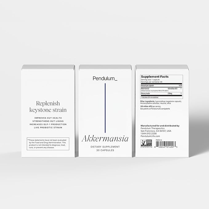 Pendulum Akkermansia Probiotic with Prebiotic Fiber - Increases GLP-1 Production, Delayed Release, Third-Party Tested, 100M AFU Live Strain for Gut Health for Men & Women (30 Capsules, 1-Pack)