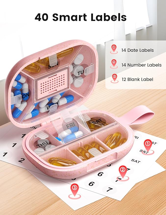 Travel Pill Organizer, Daily Pill Box 8-10 Compartments Adjustable, 7 Day Weekly Label Small Pill Case, Portable Medicine Container Moisture Proof Vitamin Supplement for Pocket Purse-Purple