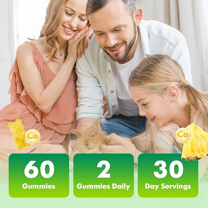Calcium Citrate Gummies 1200 mg, Sugar Free Calcium Gummies for Adults & Kids, Chewable Calcium Supplements for Women, Bone & Immune Support, Pineapple Flavor 60 Count
