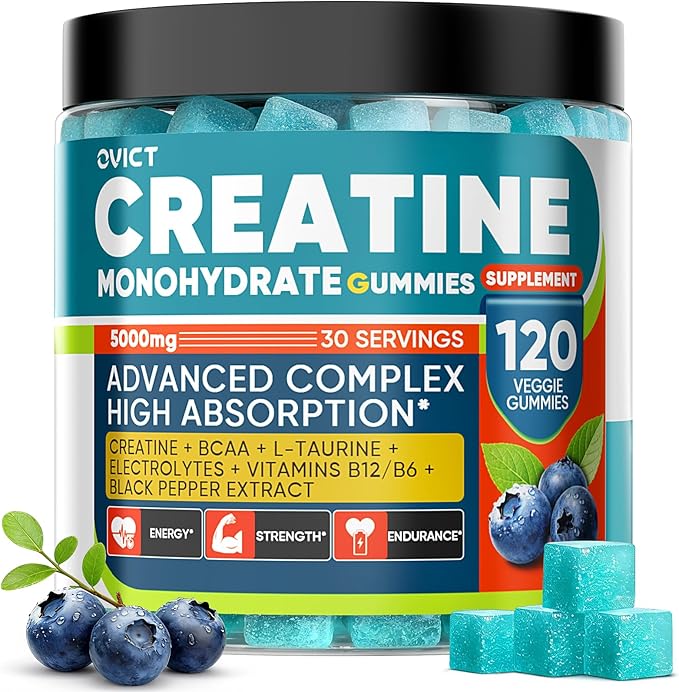 99.99% Creatine Monohydrate Gummies for Men Women 5g, 7-in-1 Pre-Workout Complex with BCAA, Taurine, B12/6 & Electrolytes, 6X Boost Energy, Muscle Strength & Recovery, Brain Focus, Vegan, Sugar Free