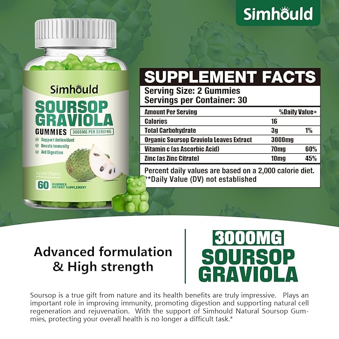 Simhould 2 Pack Soursop Graviola Gummies - 3000mg Extra Strength Soursop Leaves Supplement with Vitamin C, Zinc - Digestive Aid, Immune Support & Antioxidant - Sugar-Free, Non-GMO, Vegan, 120 Counts