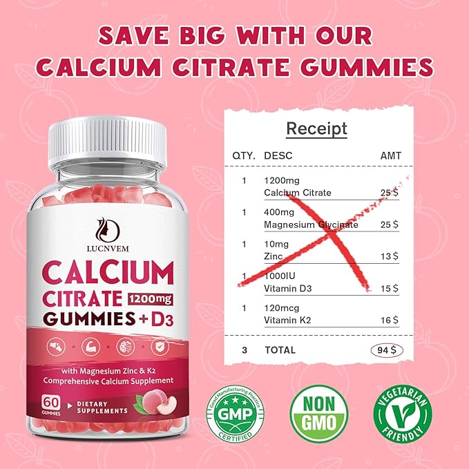 Calcium Citrate 1200mg with Vitamin D3 Gummies, Calcium Gummies with Vitamin D3 for Women & Men, Cal Magnesium Zinc for Bone Muscle Healthy- Natural White Peach Flavor- 30 Day Supply