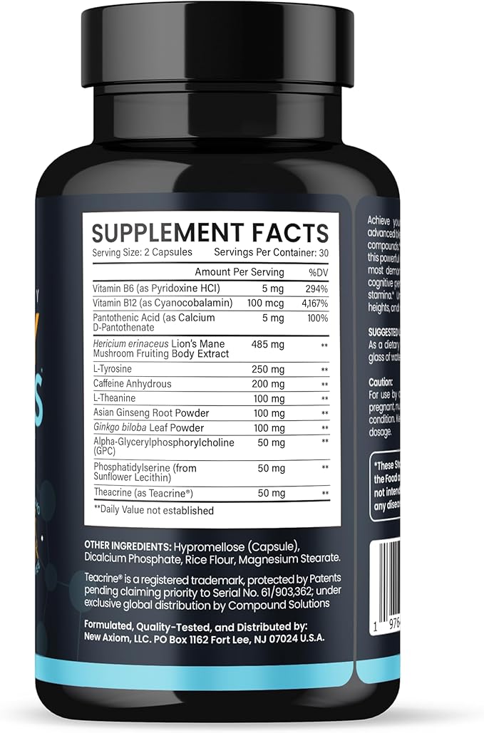 Energy and Focus - Extra Strength 200mg Caffeine and Lions Mane Mushroom Supplement, 60 Capsules - with Alpha GPC, L-Theanine, L-Tyrosine to Support Brain Function and Concentration