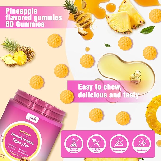 Women Probiotics Gummies, 60 Vegan Sugar-Free Hawaiian Pineapple Gummies with Slippery Elm Cranberry Lactobacillus Blend, 4-in-1 Feminine pH Balance Gut Immune Vaginal Health