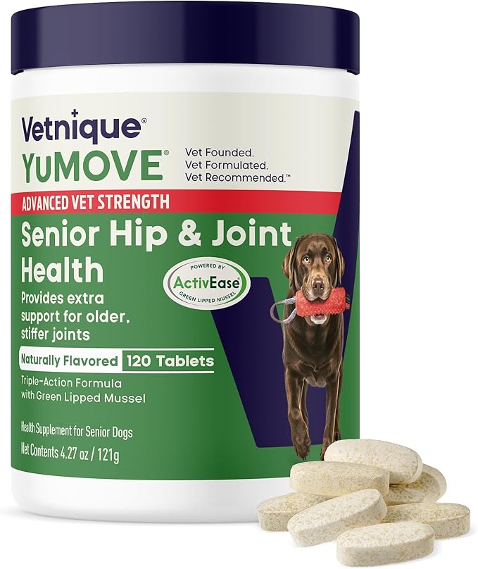 YuMOVE Hip & Joint Supplement for Senior Dogs with Advanced Strength Glucosamine, Omega 3, Hyaluronic Acid, Green Lipped Mussel, & Fish Oil for Dogs - 120 Chewable Tablets