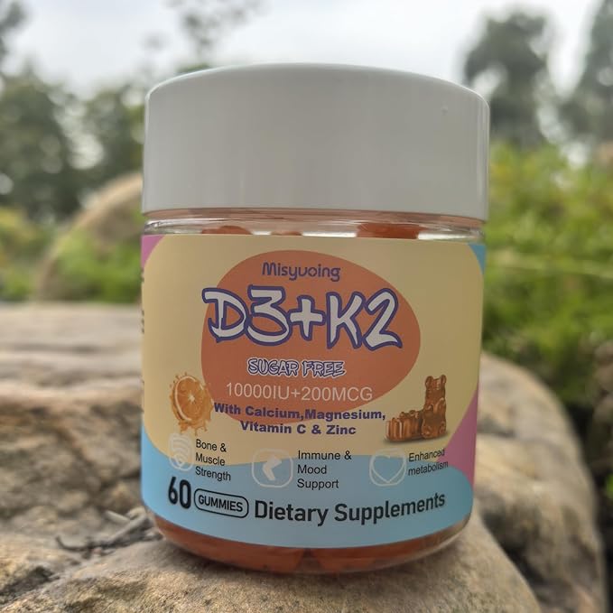 Vitamin D3 K2 Gummies,Vitamin D3 10000 IU with K2 200mcg,VitaminC,Calcium,Magnesium,Zinc,Support for Bones,Joints,Muscles,Nerves,and Immune System (60,Orange,Sugar-Free)