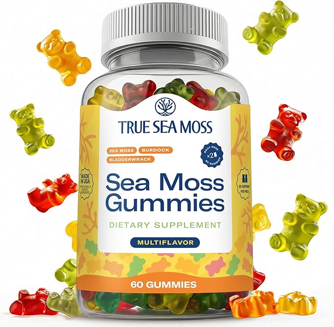 TrueSeaMoss Irish Sea Moss Gummies with Burdock Root & Bladderwrack – Formula for Adults & Kids – 60 Gummies (Packaging May Vary)