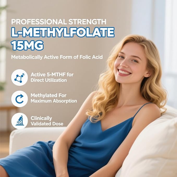 L-Methylfolate 15mg Gummies with Methyl B12, Folate 5-MTHF Supplement for Mood, Brain Health, Cognition & Immunity, Sugar Free, Vegan, Non-GMO, 60 Count