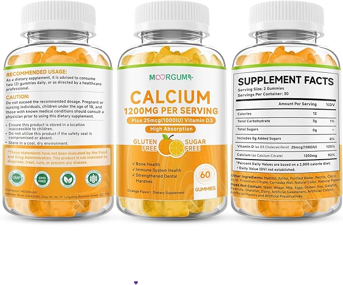Calcium Citrate Gummies for Kids, Adult - 1200 mg with Vitamin D3 1000IU - Support Bone, Teeth, Immune Health, High Absorption Calcium and Vitamin D Supplement, Orange Flavor, 120 Count