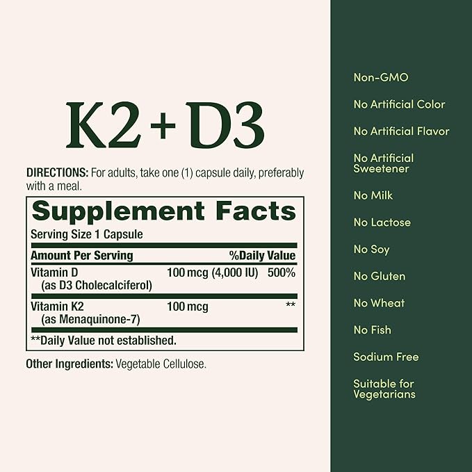 Nature's Bounty Vitamin D3 K2 Supplement, 4000 IU Vita D3 Plus 100 mcg of Vitamin K Supplements for Adults for Heart & Bone Health Support, 30 Day Supply, 30 Vegetarian Capsules (Pack of 3)