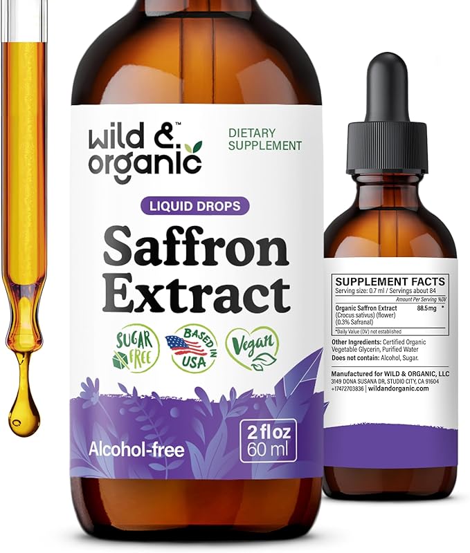Wild & Organic Saffron Supplements 88.5 mg - Saffron Drops for Mood, Brain, Vision Support - Crocus Sativus Liquid Extract - Vegan, Sugar & Alcohol-Free Tincture - 2 fl oz