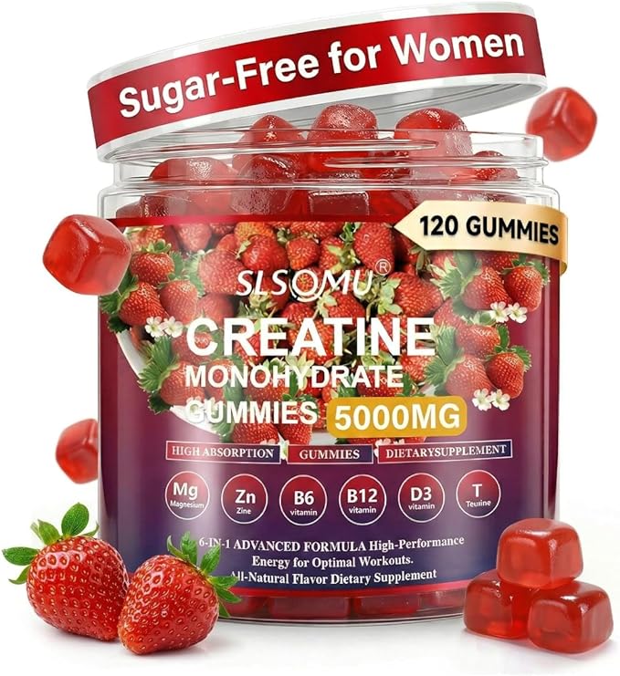 Creatine Gummies for Women, 5000mg Pre-Workout Muscle Strength & Energy Support, 0 Sugar Creatine Gummy with L-Taurine, Zinc, B12 B6, Strawberry Flavor, Vegan - 120 Gummies