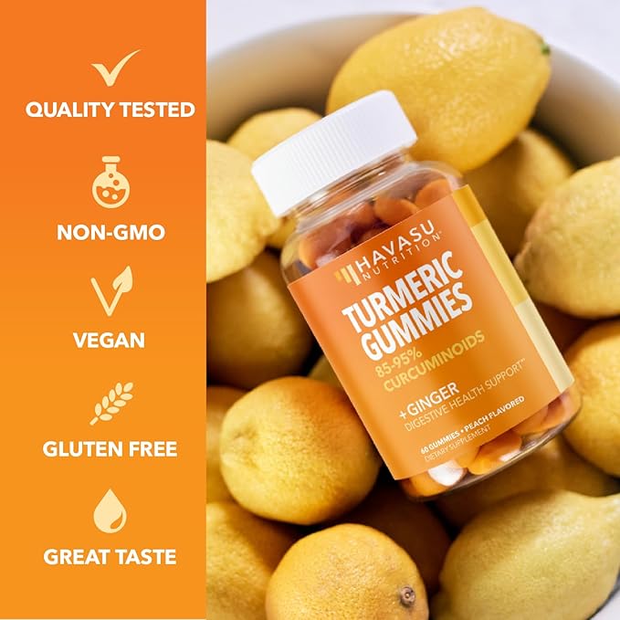 Turmeric Gummies with Ginger Root Extract - Digestive Health and Immune Support Supplement for Overall Wellness - 60 Count - Vegan, Non-GMO Curcumin Vitamin - Peach Flavor, 1 Month Supply