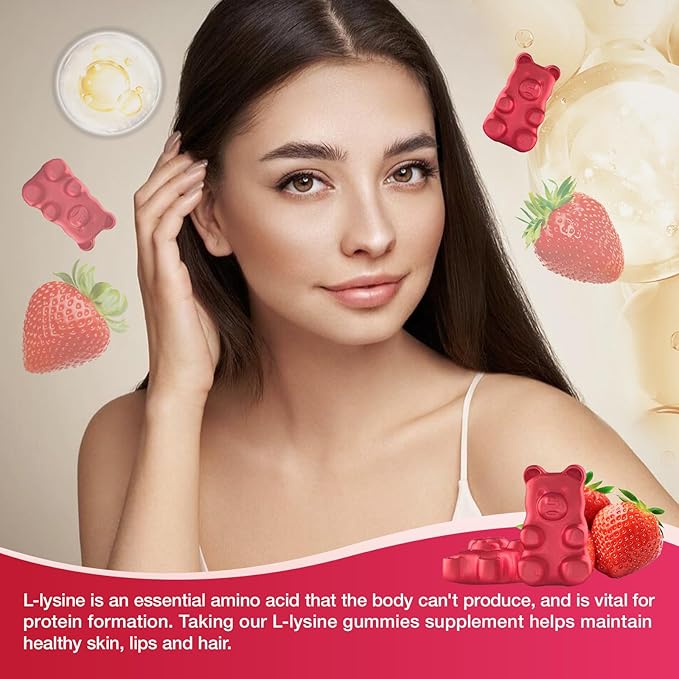 L-Lysine 1000mg Gummies, Chewable Lysine Supplement for Lips & Skin, Immune Support, Essential Amino Acid, Non-GMO, Vegan, Gluten Free, Sugar-Free, Strawberry Flavor, 60 Count