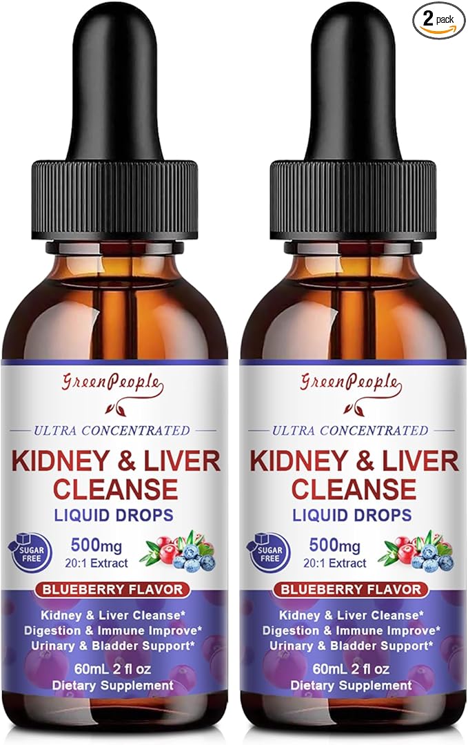 GREENPEOPLE Kidney Cleanse Detox & Repair - 27-In-1 Kidney & Liver Drops with 20:1 Cranberry Extract & Chanca Piedra, Alcohol-Free Supplement for Urinary Tract & Liver Support (2 Oz 2 Pack, Blueberry)