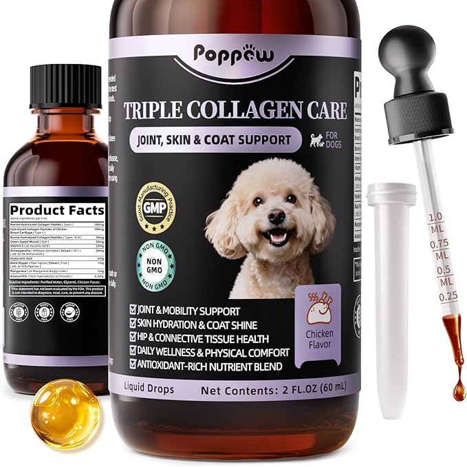 POPPAW Collagen for Dogs - 12-in-1 Liquid Collagen for Skin & Coat Support, Hip & Joint with Types I, II & III Drops, Hyaluronic Acid, Green-Lipped Mussel - Chicken Flavor, 2 FL Oz