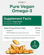 OmegaVia Vegan Omega 3 Supplement, Algae Omega 3 Fish Oil Alternative, 300mg Vegan DHA Fatty Acids, Plant Based, Planet and Ocean Friendly, IAOS 5 Star Tested, 60 Softgels