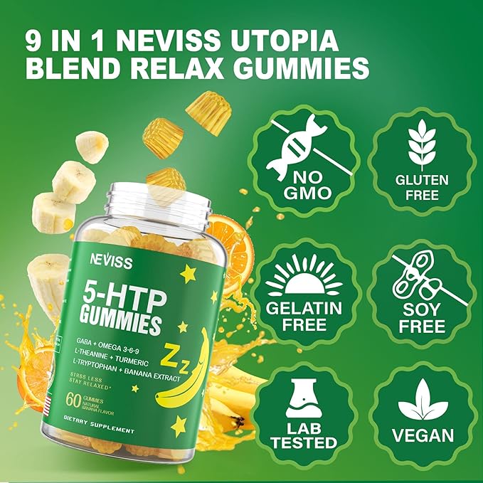 1Pack 5-HTP 400MG Gummies + GABA - Melatonin Free - Relaxation Gummies with Banana Extract, L-Theanine, Turmeric, L-Tryptophan, Vitamin D3 for Healthy Rest Cycle,Circadian Rhythm, Brain & Muscle Relax