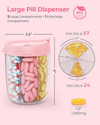 AMOOS Large Pill Dispenser with 6 Compartments, Anti-Mix Pill Bottle Organizer with Wide Opening & Easy Retrieval, Vitamin Organizer for Travel, BPA-Free Pill Box with a Strap, Pink