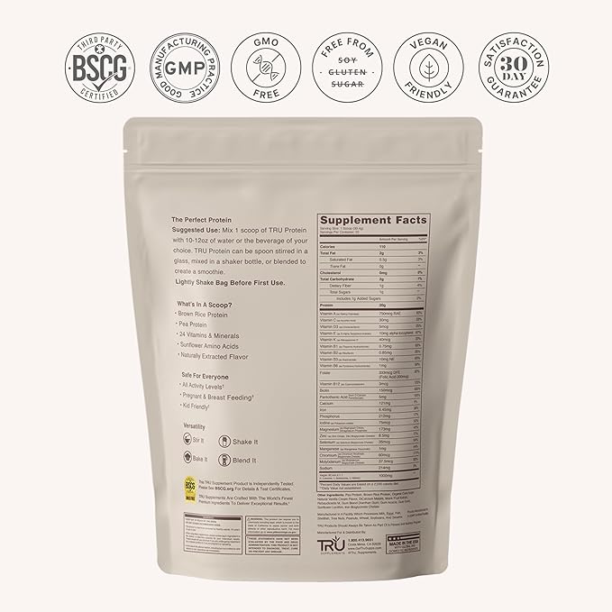 TRU Supplements Plant Based Protein Powder, BCAA, EAA, 20g Vegan Brown Rice & Pea Protein, 100 Calories, 27 Vitamins, No Artificial Flavors 25 Servings (Vanilla Cream)