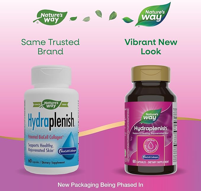 Nature’s Way Hydraplenish, Unique BioCell Collagen with Hyaluronic Acid, MSM, Supports Healthy Hair, Skin and Nails*, 60 Collagen Supplements Capsules (Packaging May Vary)