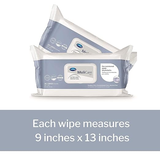 MoliCare Skin Personal Wipes, Pre-Moistened Adult Washcloths - Active Skin Protection with Aloe and Lanolin, Hypoallergenic, Alcohol-Free - 9 in x 13 in, 48 Count, 12 Packs, 576 Total