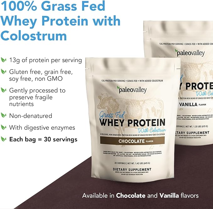Paleovalley 100% Grassfed Whey Protein Powder with Colostrum, 30 Serving - Chocolate, 13g Protein, Muscle Building, Immune Support, Gut Health