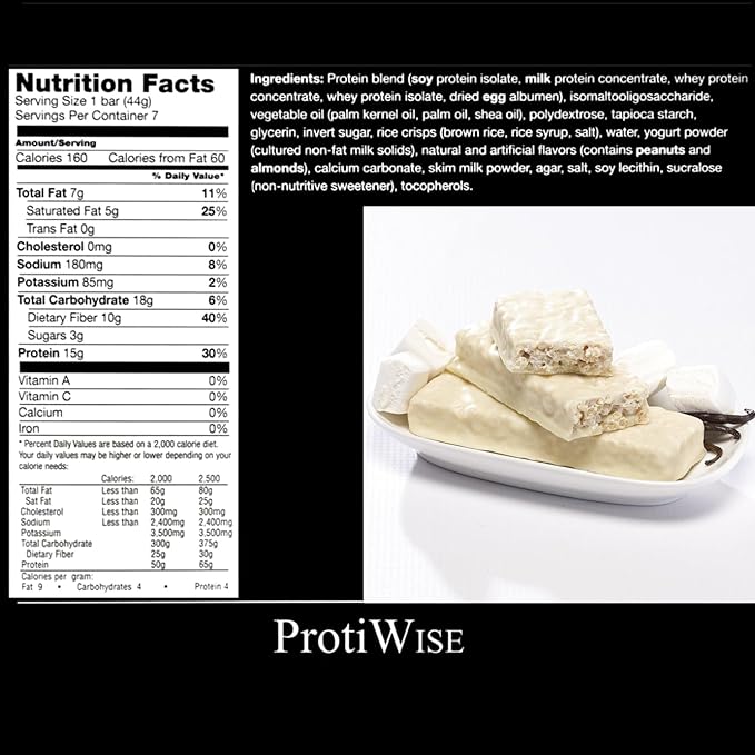 Protiwise High Protein Nutrition Bar | Fluffy Vanilla | 15g Protein Bar | Meal Replacement Bar | Gluten Free, Low Fat, Low Sugar, Keto-Friendly | Crush Cravings, Lose Weight |Pack of 2 (7/box)