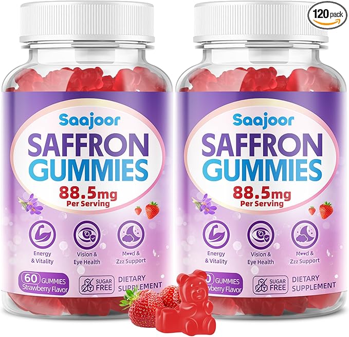 Saffron Gummies for Adult Kids - with Saffron 88.5mg, Vitamins D3 & B6, Magnesium, Zinc, Ashwagandha, L - Theanine, St. John's Wort - Supports Mood & Focus, Strawberry Flavor, 120 Count