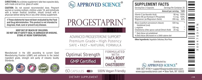 Approved Science Progestaprin - Progesterone Support Supplement - 1 Bottle - 60 Capsules - Vegan