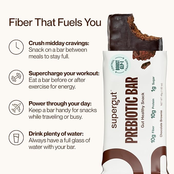 Supergut GLP-1 Boosting Prebiotic Bars, Chocolate Brownie - Gut Healthy Protein Snacks & Breakfast Bars - Keto-Friendly Meal Replacement Energy Bars (12 Count)