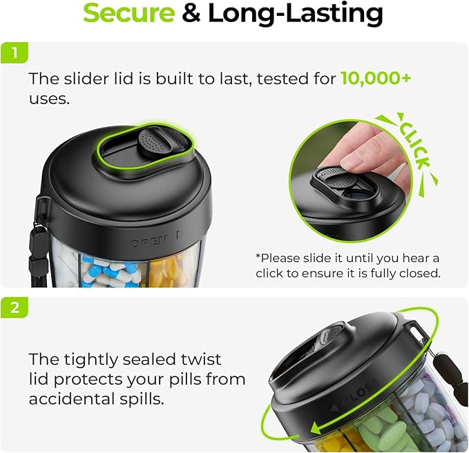 AUVON Large Pill Dispenser Can Store 7 Various Supplements, Travel Pill Organizer Bottle with Anti-Mix Design, Arthritis-friendly Pill Holder with Wide Opening & Slider Lid, Includes 20 Blank Stickers