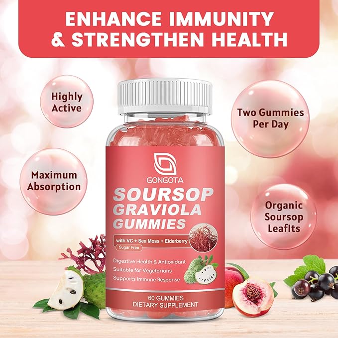 GONGOTA (2 Pack Soursop Graviola Gummies - 2200mg Extra Soursop Leaves Extract,Elderberry & Sea Moss, for Digestive, Immune, Antioxidant & Relaxation - Gluten Free, Vegan, 120 Gummies