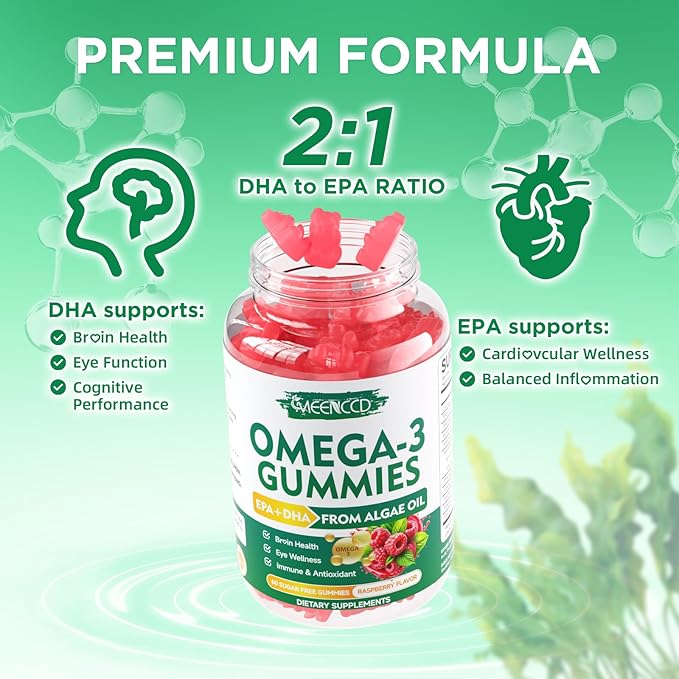 2 Pack Omega-3 Gummies 1000mg, Omega 3 Fish Oil Alternative for Adults, Algae-Based DHA 600mg & EPA 300mg + Vitamins A, C, E, Zinc, Supports Overall Wellness, Raspberry Flavor, 120 Count