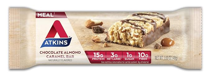 Atkins Chocolate Almond Caramel Protein Meal Bar, High Fiber, 15g Protein, 1g Sugar, 3g Net Carbs, Meal Replacement, Keto Friendly, 8 Count
