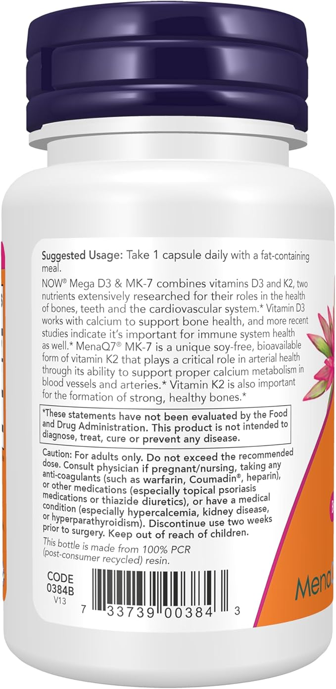 NOW Foods Supplements, Mega D-3 & MK-7 with Vitamins D-3 & K-2, 5,000 IU/180 mcg, Bone & Cardiovascular Support*, 60 Veg Capsules