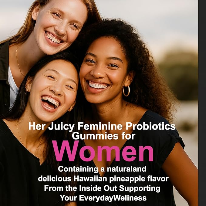Her Juicy Women's Probiotic Gummies: Supports Women’s Wellness & pH Balance, Clean Vegan, Pineapple Flavor, Prebiotics & Lactobacillus Blend, with Slippery Elm, Gut Health & Immune Defense, 60 Gummies