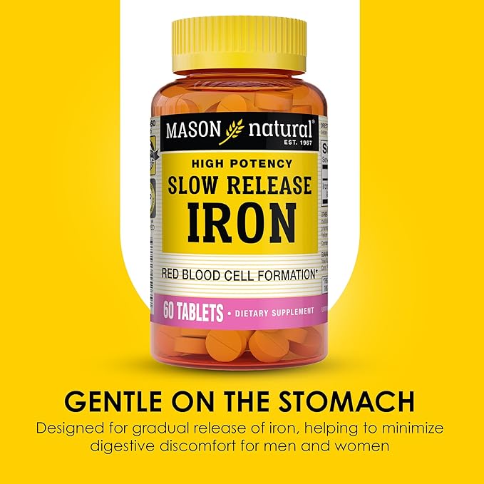 Mason Natural Slow,Release Iron (Ferrous Sulfate) 50 mg Tablets, 180 Day Supply, High Potency Supplement, Gentle on Stomach, 1 Pack