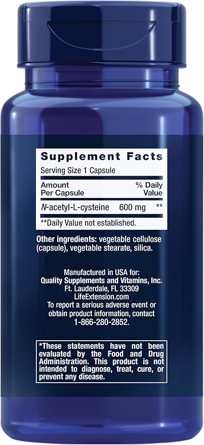 Life Extension N-Acetyl-L-Cysteine (NAC),Immune,Respiratory,Liver Health,NAC 600 mg,Potent antioxidant Support,Free-radicals,Easy to Absorb,60 Capsules,(Pack of 2)