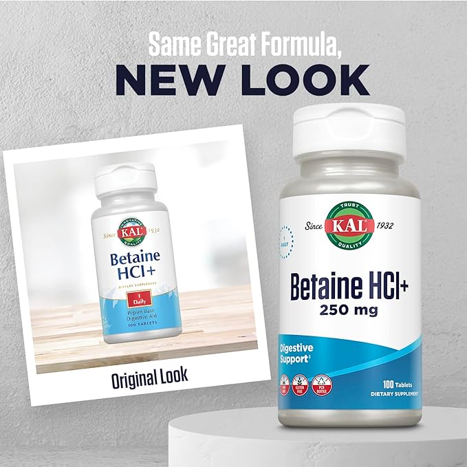 KAL Betaine HCL with Pepsin Supplement for Women & Men - Digestive Enzymes for Gut Health Support, Betaine Hydrochloride 250 mg, Calcium Support for Stomach Acid, Gluten Free, Non GMO - 100 Tablets