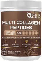 NATURE TARGET Chocolate Multi Collagen Peptides – Collagen Powder for Women with Vitamin C & Creatine, Supports Skin, Hair, Nails & Joint Health - Type I, II, III, V & X, Gluten Free, 35 Servings