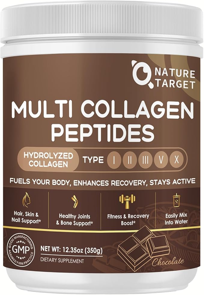 NATURE TARGET Chocolate Multi Collagen Peptides – Collagen Powder for Women with Vitamin C & Creatine, Supports Skin, Hair, Nails & Joint Health - Type I, II, III, V & X, Gluten Free, 35 Servings